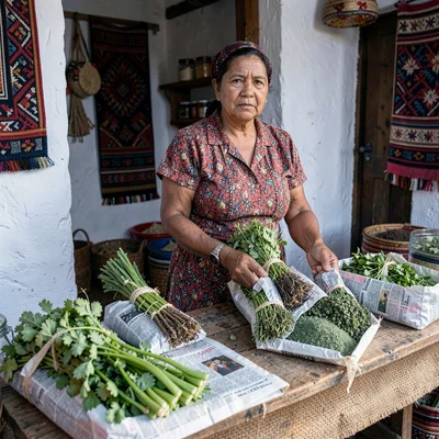 Documentary photograph with Guatemalan highland aesthetic, Herbs bundled for sal