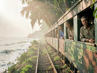 Coastal train beside ocean