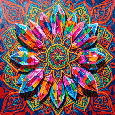 Mandala pattern containing macro crystal formations, double exposure