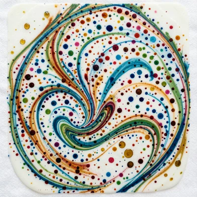 Dense nonpareil marbling, tiny uniform spots in five colors before any combing, 