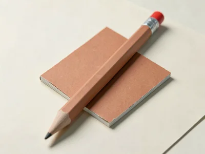 Resting on a small folded notebook with terracotta cover, an oversized matte pap