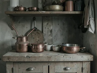Kitchen with copper pots and wood