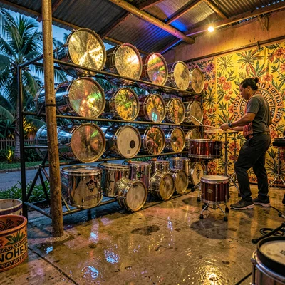 Vivid photograph with Trinidadian cultural fusion aesthetic, Steelpan drums stac