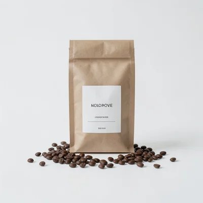 Coffee bag with minimal label design on a clean white surface, beans scattered