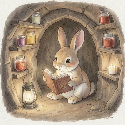A rabbit reading a book by lantern light in a burrow, the walls lined with tiny 