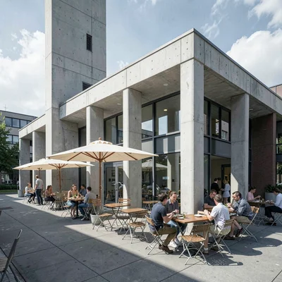 Planned city photography, modernist urbanism, A cafe terrace occupying the groun