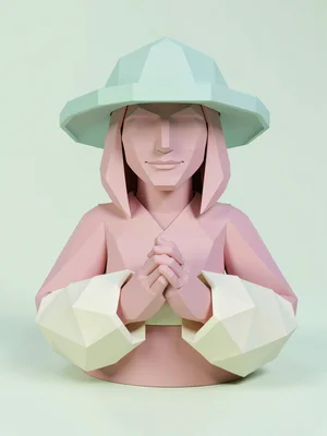 Hands-clasped dusty-pink lowpoly mage apprentice in a calm pose with chunky crea