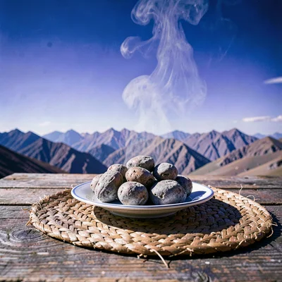 High altitude photograph, thin mountain air, A plate of chuño on a woven placema