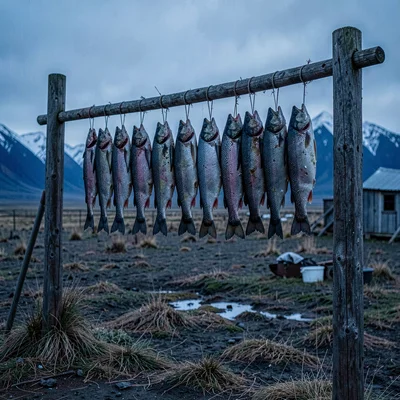 Photograph with Alaskan Arctic sensibility, Salmon drying on a wooden rack, the 