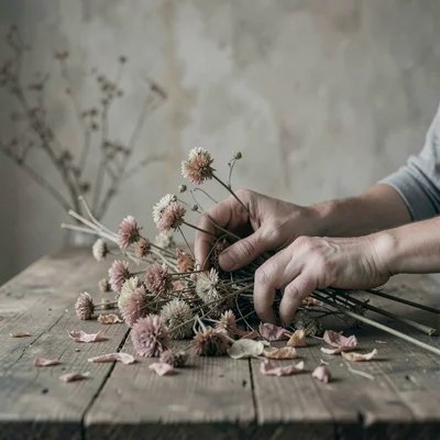 Hands arranging dried flowers on a wooden table, the petals the same color as th
