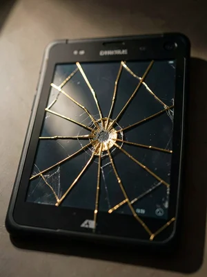 Cracked e-reader screen with gold lines following the impact geometry