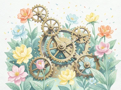 Gouache illustration of a clockwork garden where flowers open and close on rotat