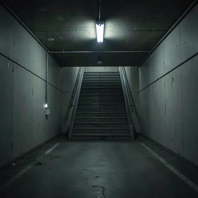 Empty parking structure stairwell at 3am with emergency lighting