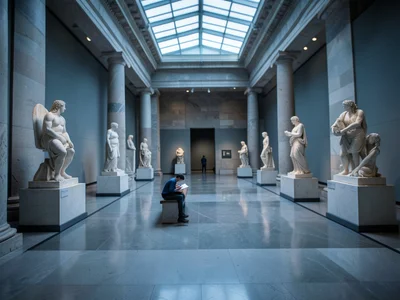 An ancient Greek sculpture gallery: marble figures on pedestals, a visitor sketc