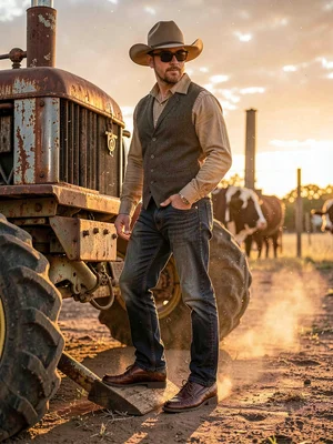 Gucci loafers on tractor step, rust and gold hardware, working ranch at sunset