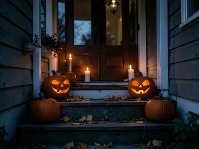 Porch with carved pumpkins, flickering candles inside, fallen leaves on wooden s