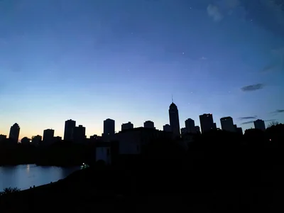 City skyline silhouette at blue hour
