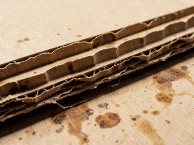 Corrugated cardboard cross-section, wavy fluting sandwiched between flat liners,