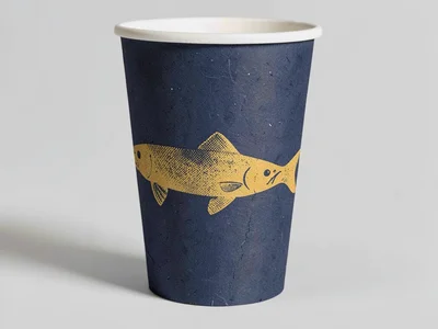 Bold screenprint design for a takeaway cup wrap, halftone fish silhouette in mus