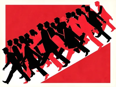 Crowd of figures marching diagonally, overlapping angular silhouettes