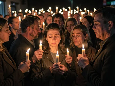 Vigil candles in hands, the crowd of flames, faces lit by collective grief or ho