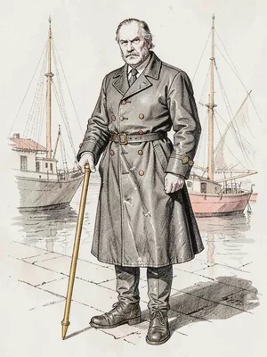 A stoic harbour-master plants brass-tipped staff before riding-boots, long oilsk