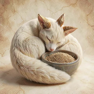 Drowsing six-tailed kitsune curled in a loose spiral around a small bowl of mill