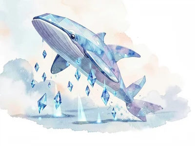 Translucent sapphire lowpoly whale floating mid-breach with massive internal blu