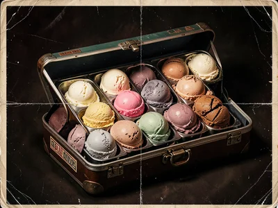 Gelato case with rows of artisan flavors, scoops visible, Italian signage