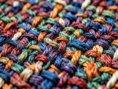 Handwoven rag rug texture, torn cotton strips in mixed colors woven into thick h