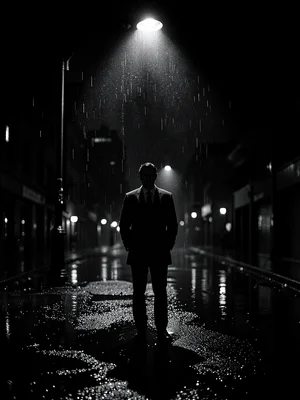 Lone figure under streetlight in rain, light cutting through downpour, puddle re