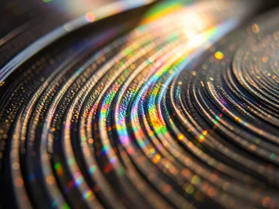 Record surface reflecting spring light, prismatic colors in micro-grooves