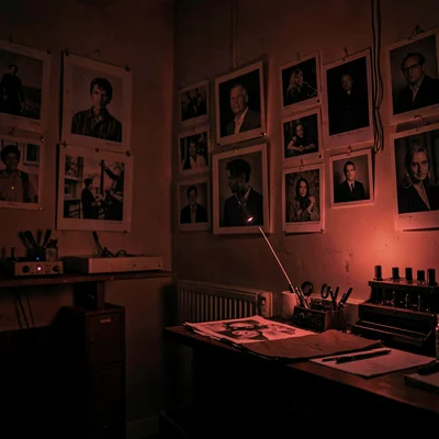 Atmospheric photo of a darkroom interior at low light, deep red safelight glow o