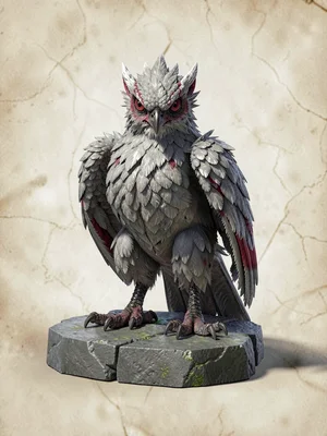 Storm-grey alkonost with silver-tipped feathers and deep crimson eye-markings, p