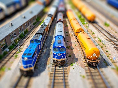 Birds-eye tilt-shift view from a rail-yard gantry of a switching complex, satura