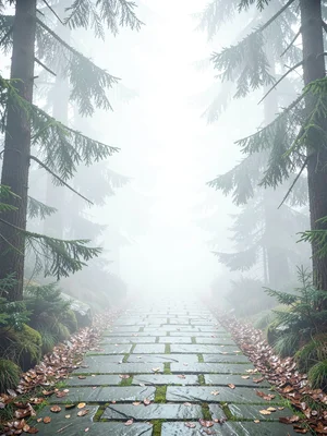 Stone-flagged forest trail with damp leaves, both sides walled by spruce, the tr