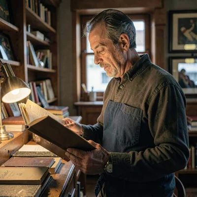 Atmospheric portrait of a shopkeeper paging through a thick album under lampligh