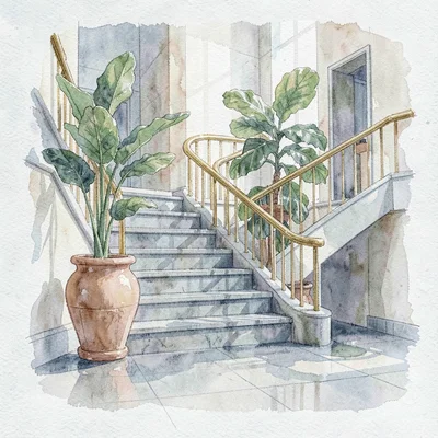 Quiet washy rendering of a hotel lobby with a sweeping stone staircase, a tall f