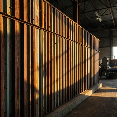 Corrugated metal wall with rust patina, industrial workshop background