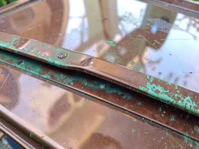 Copper awning showing verdigris
