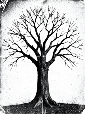Tree silhouette photocopied until branches become lightning-bolt cracks of black