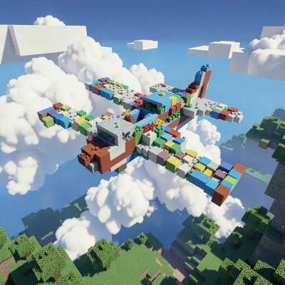 Voxel 3D illustration, voxel airplane in clouds , cubic voxel construction, bloc