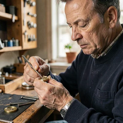 Portrait of a watchmaker setting a watch hand into place with a thin tool