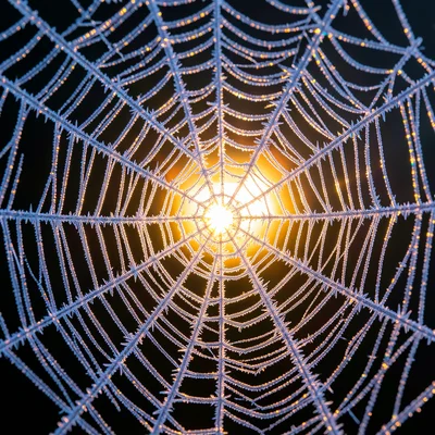 Hoar frost on a spider web, every strand coated in ice crystals, backlit by sunr