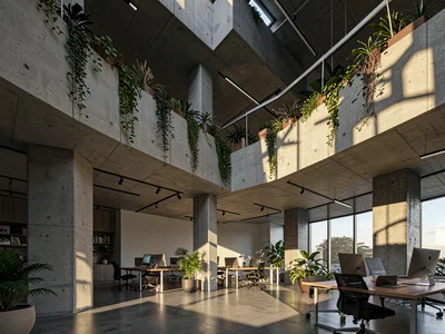 Brutalist concrete coworking space interior with double-height ceilings, plants 