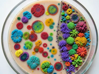 Antibiotic inhibition zone edge, bacteria crowding right up to the boundary of t