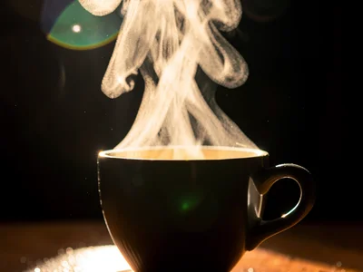 Steam rising from cup backlit