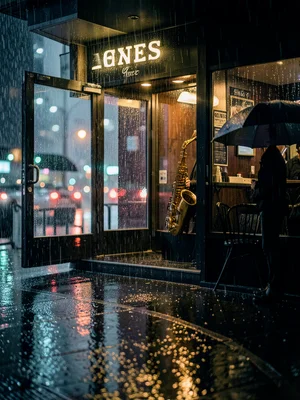 A jazz club entrance in the rain, the warm light from inside spilling onto the w