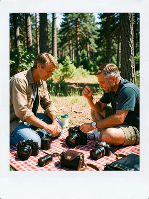 Polaroid SX-70 camera on picnic blanket, other cameras and gear, photographer da
