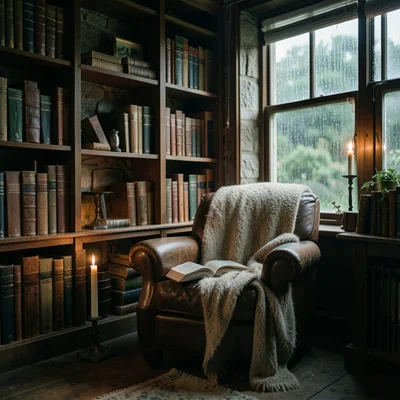 A stone-walled study with floor-to-ceiling bookshelves, a leather armchair with 